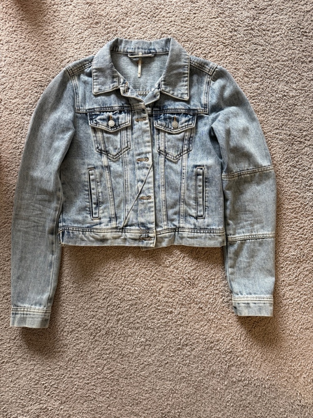 Free People Light Wash Cropped Denim Jacket - Pale Blue